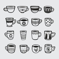 Set of hand drawn cups of tea and coffee