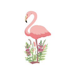 vector drawing sketch of bird, hand drawn flamingo and flowers, isolated nature design element
