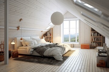 Attic bedroom with white interior. Generative AI
