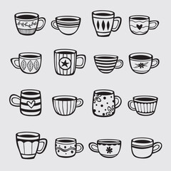Set of hand drawn cups of tea and coffee