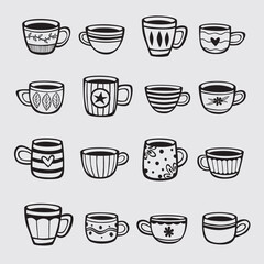 Obraz premium Set of hand drawn cups of tea and coffee