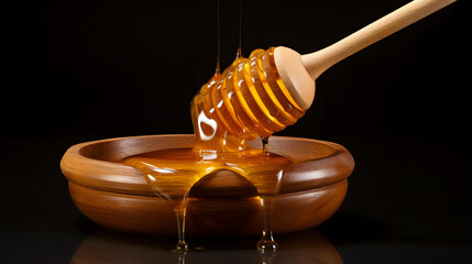 Honey dripping from a wooden honey dipper into a bowl on black background - Powered by Adobe