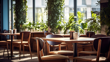 Obraz premium 陽光が射し込む明るいカフェの店内風景