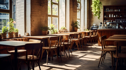 陽光が射し込む明るいカフェの店内風景 - obrazy, fototapety, plakaty