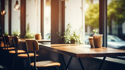陽光が射し込む明るいカフェの店内風景