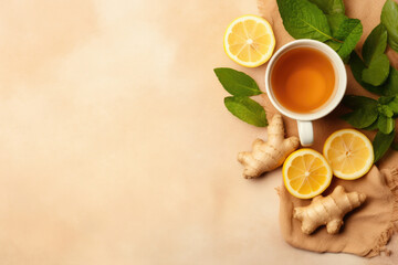 Cup of ginger tea with lemon, honey and mint with copy space