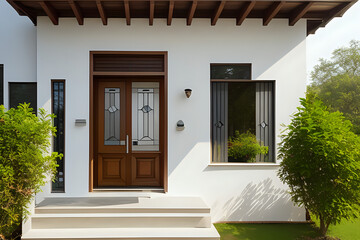 Front door, front view of an inviting house with terrace