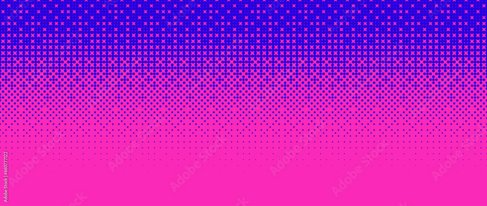 Poster Pixelated bitmap gradient texture. Blue pink dither pattern background. Abstract glitchy pattern. 8 bit video game screen wallpaper. Wide pixel art retro illustration. Vector horizontal backdrop