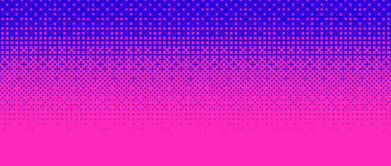 Pixelated bitmap gradient texture. Blue pink dither pattern background. Abstract glitchy pattern. 8 bit video game screen wallpaper. Wide pixel art retro illustration. Vector horizontal backdrop