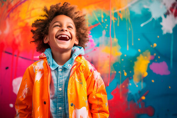 Portrait of a beautiful child on a colored background. A happy child, a joyful and bright childhood.