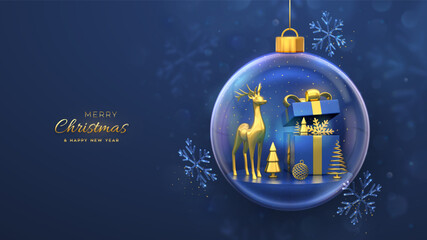 Obraz na płótnie Canvas Christmas greeting card. Gold deer, gift box, golden showflake and shining ball, metallic spruce trees in a glass ball. New Year Xmas background, Holiday poster, banner, flyer. 3D Vector illustration.