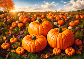 Pumpkin patch on sunny Autumn day. Colorful pumpkins background.