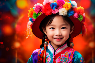 Portrait of a beautiful Asian child on a colored background. A happy child, a joyful and bright childhood.