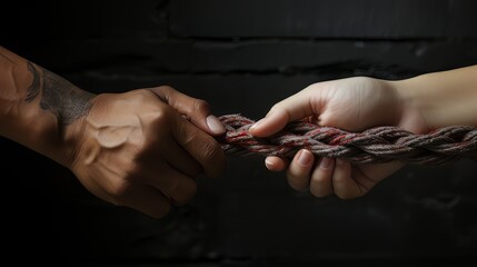 Tug war, two businessmen pulling a rope in opposite directions - obrazy, fototapety, plakaty