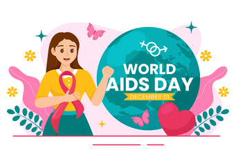 World Aids Day Vector Illustration on 1 december with Red Ribbon to raise awareness of the AIDS epidemic in Flat Cartoon Pink Background Design - Powered by Adobe