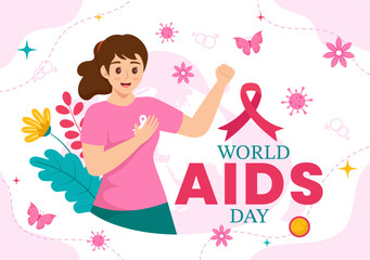 World Aids Day Vector Illustration on 1 december with Red Ribbon to raise awareness of the AIDS epidemic in Flat Cartoon Pink Background Design