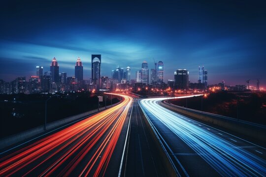 A hazy road with alternating blue and red lights in a cityscape at night. The dimly lit highway exhibits light trails, with a top-notch backdrop. Generative AI