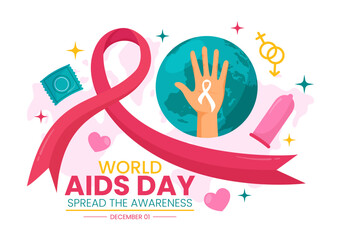 World Aids Day Vector Illustration on 1 december with Red Ribbon to raise awareness of the AIDS epidemic in Flat Cartoon Pink Background Design