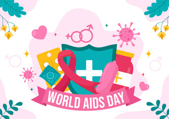 World Aids Day Vector Illustration on 1 december with Red Ribbon to raise awareness of the AIDS epidemic in Flat Cartoon Pink Background Design