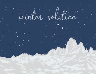 Fototapeta premium Winter Solstice Day December 21-22. The longest night of the year. Dark sky and mountains. Template for invitations, posters, greeting cards. Flat vector illustration