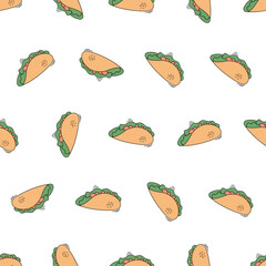 Doodle taco seamless pattern. Suitable for backgrounds, wallpapers, fabrics, textiles, wrapping papers, printed materials, and many more.