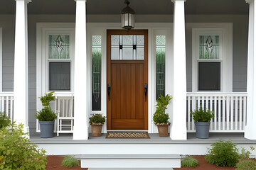 The front door and two windows with a porch create a beautiful design.