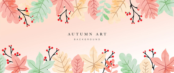 Fototapeta na wymiar Autumn foliage in watercolor vector background. Abstract wallpaper design with maple and oak leaf, flower, line art. Elegant botanical in fall season illustration suitable for fabric, prints, cover.