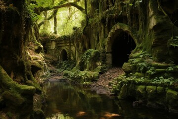a hidden cavern nestled within a lush woodland. Generative AI - obrazy, fototapety, plakaty