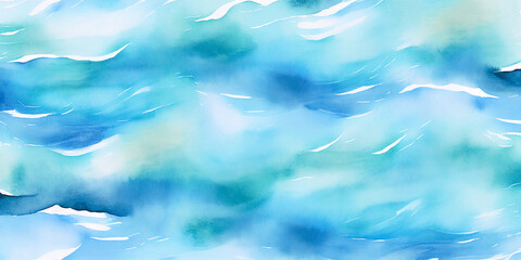 Obraz premium Underwater water surface, blue aqua ocean water wave watercolor illustration. Wavy pool ripples cartoon banner, nature seascape background for beach vacation travel. 