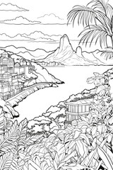 Brazil Rio de Janeiro cityscape black and white coloring page for adults. Buildings, waterfront, mountain, landmarks vector outline doodle sketch for anti stress color book