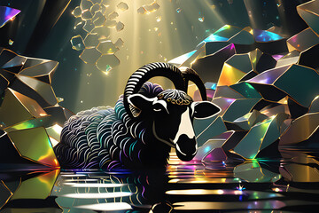 A sheep with horns on the shore of a lake bathed in light
Generative AI