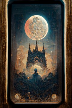 The Moon tarot card intricate frame Lincoln Cathedral style tarot card detailed intricate ink illustration magic glow bright bronze octane 8 weta digital unreal engine 5 8k 