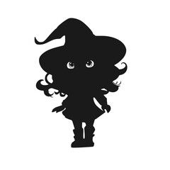 Happy young cute witch girl sketchbook cartoon style silhouette. Long curly hair and big anime style eyes. Halloween relative smiling character