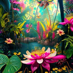 Obraz na płótnie Canvas Colorful tropical paradise jungle with golden lily pads and pink flowers and fireflies. Generative AI 