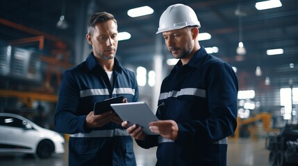 Male Specialist and Car Factory Engineer in High Visibility Vests Using Tablet Computer.Automotive Industrial Manufacturing Facility Working on Vehicle Production.Diversity on Assembly Plant. - obrazy, fototapety, plakaty