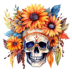 watercolor autumn flower skull clipart