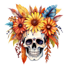 watercolor autumn flower skull clipart