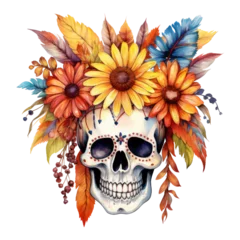 Zelfklevend Fotobehang Aquarel doodshoofd watercolor autumn flower skull clipart
