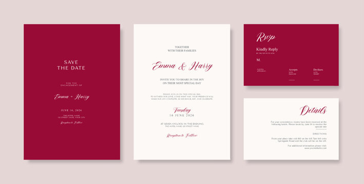 Minimalist burgundy red wedding invitation. Beautiful red and white wedding invitation template