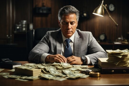 Senior businessman is sitting and counting money piled up on his desk in the room, AI generated