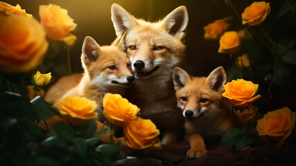 Mother fox with her cubs surrounded by flowers