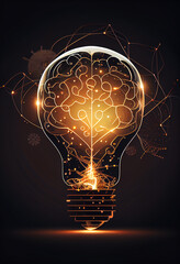 Light bulb with human brain inside on dark background