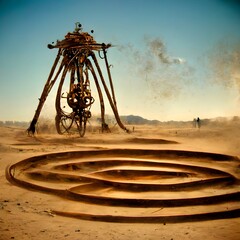 in a barren windswept desert a giant steampunk wind collector stands in a sand storm 24 pitted brass blades are set within an art nouveaur decorated toroidal frame energy arcs from the generator  - obrazy, fototapety, plakaty