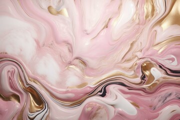 Obraz premium Abstract artwork in pink and white with marble swirls, agate ripples, luxury texture, and gold glitter. Generative AI