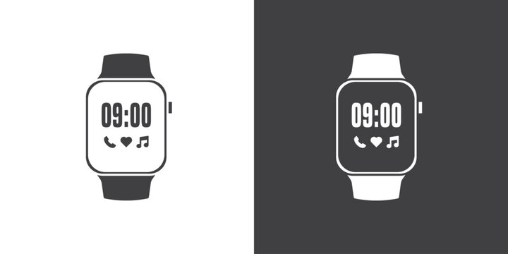 Smart watch device display with app icons, Smart watch icon in flat style. Smartwatch design symbol for apps and websites. clock icons