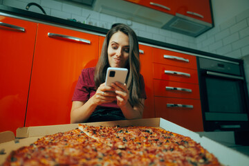 Woman Holding a Phone Complaining about the Pizza She Ordered. Unhappy customer giving a bad rating...