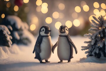 hyper realistic cinematic still mr and mrs penguin facing camera holding hands snowy background blurred fir trees christmas bokeh  - obrazy, fototapety, plakaty