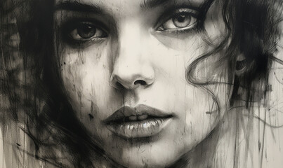Fototapeta premium Portrait of a young woman, charcoal over paper - Generative AI