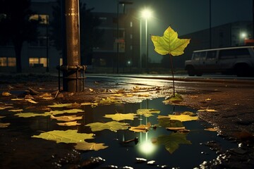 A water puddle with a leaf, building, street light, and pole surrounded by lights. Generative AI