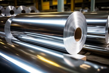 Large metal foil rolls in aluminum factory stock. Generative AI